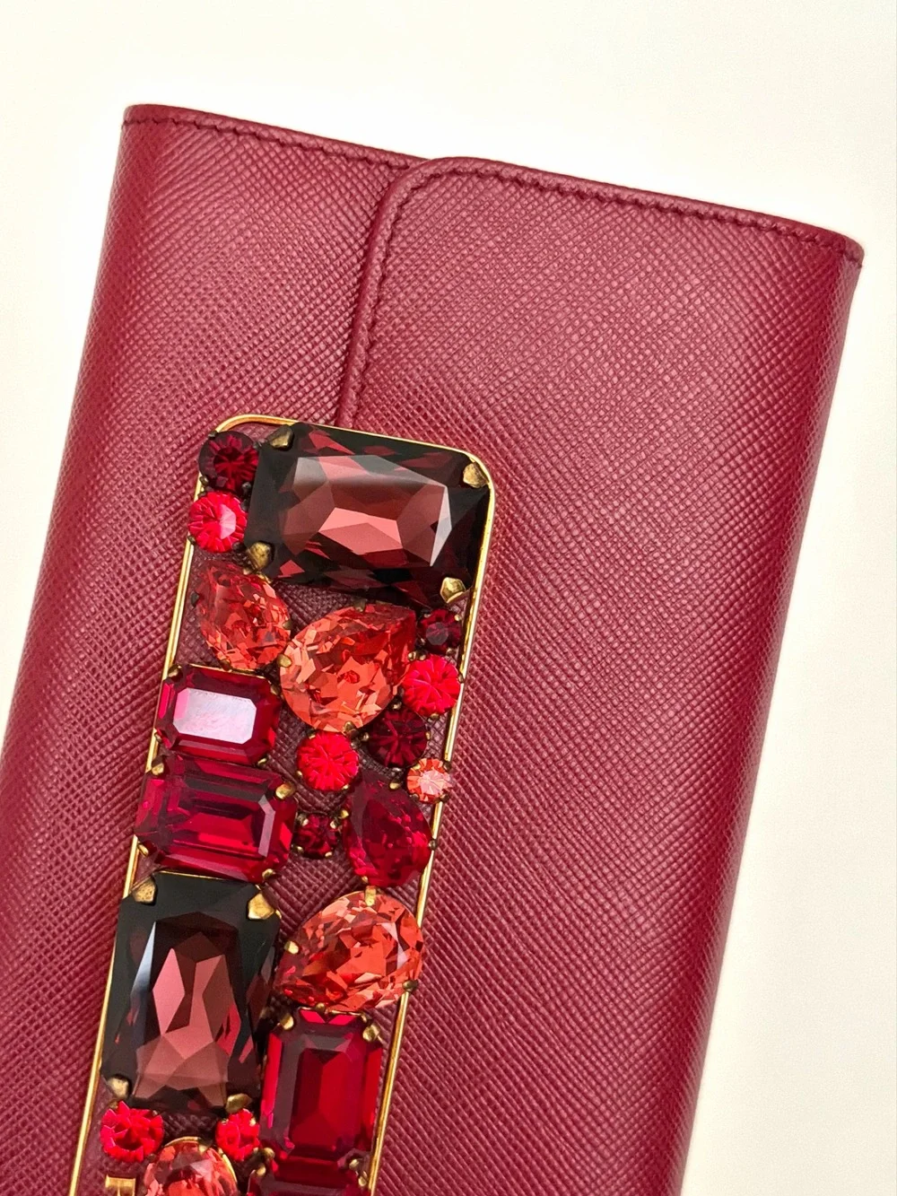 Prada Dark Red Leather Crystal Embellished Flap Continental Wallet